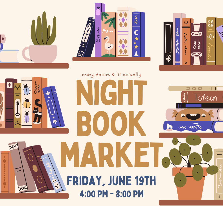 night book market flyer happening at crazy daisies on june 19th 4pm to 8pm